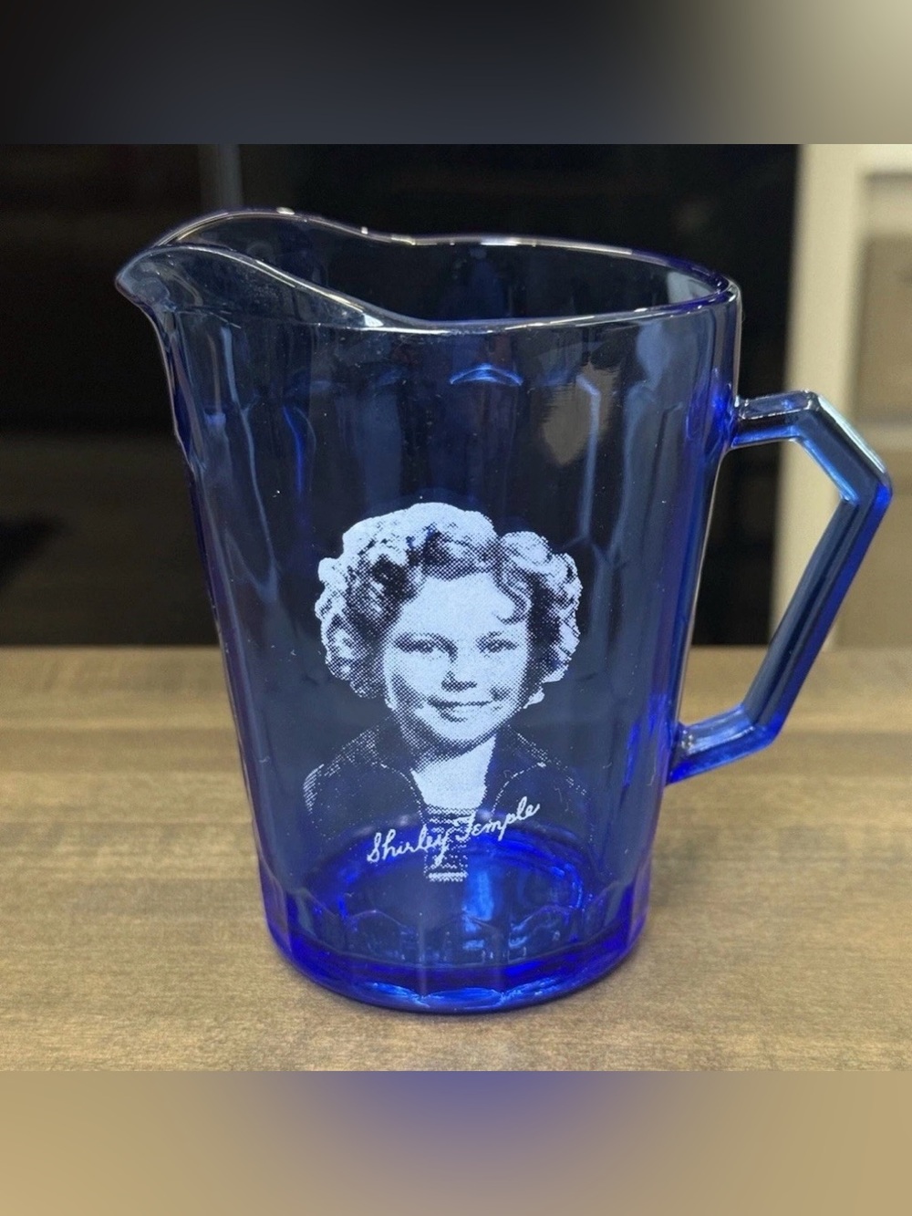 Vintage 1930 Shirley Temple Cobalt Blue Glass
Pitcher Antique Hazel Atlas 4.5"T